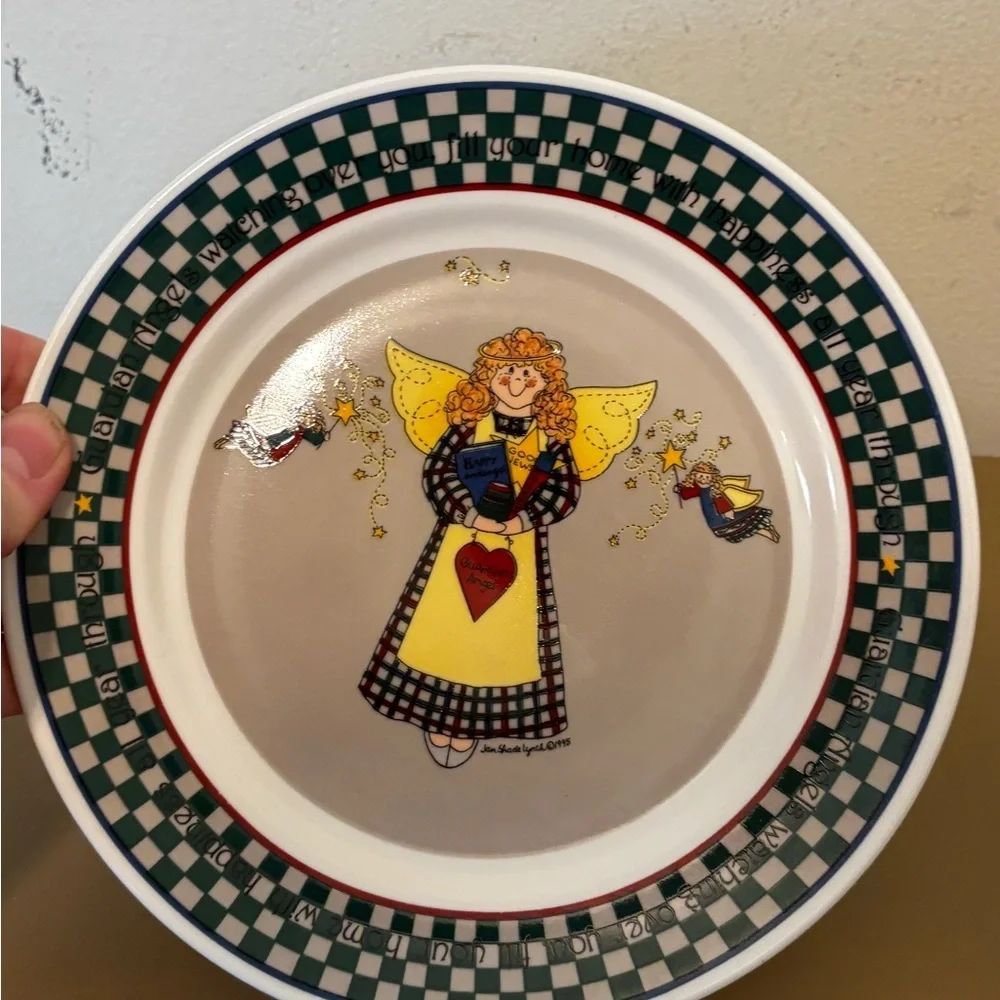 Vintage 90s Angel Motif Decorative Ceramic Dinner Plate - Yellow & Green